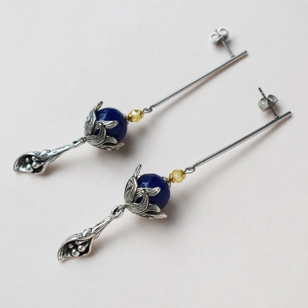 Long massive earrings silver tone, unusual floral dangles